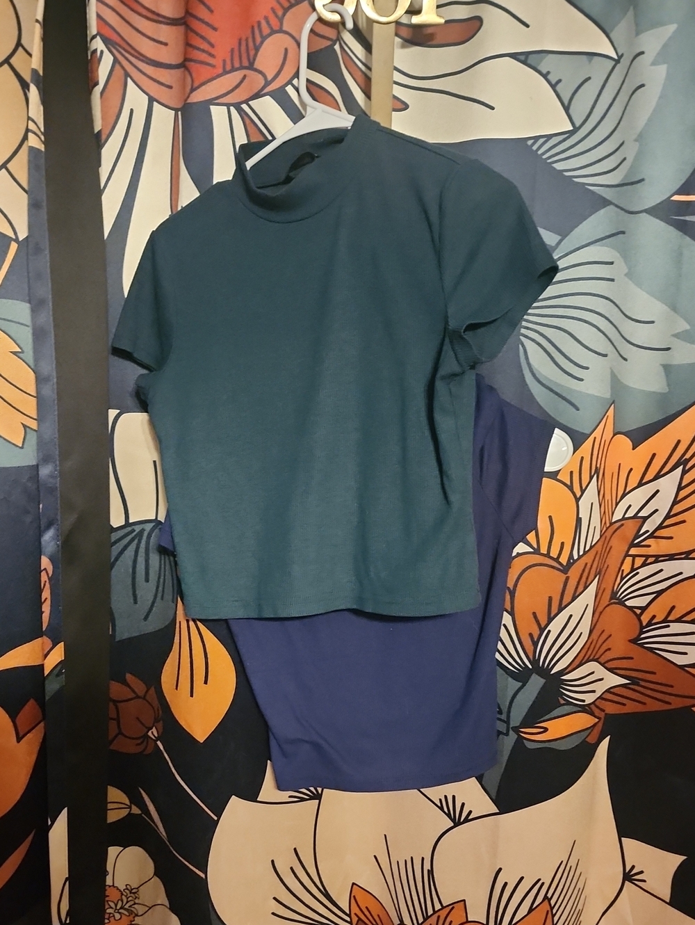 SHEIN Short Sleeve Mock Neck Tee in Teal and Navy
